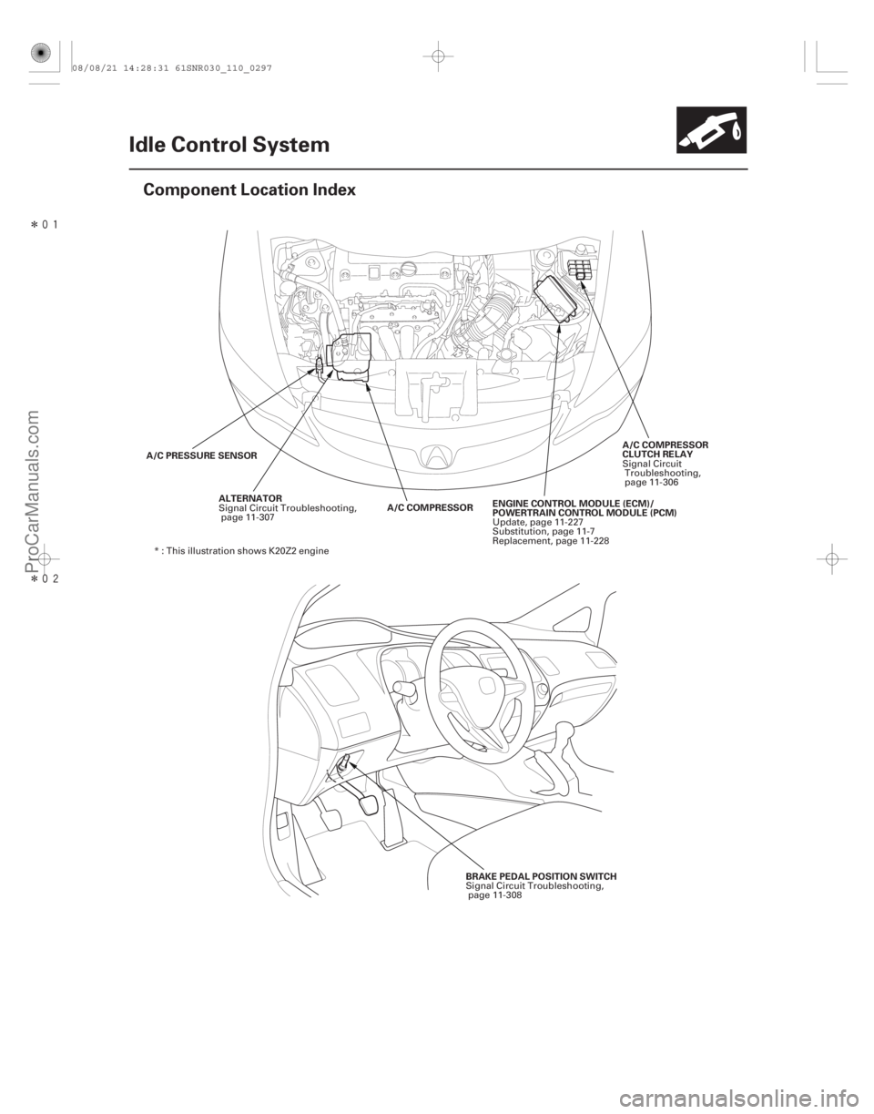 ACURA CSX 2006  Service Manual Online Î
Î(#
)
11-297
Idle Control System
Component Location Index
ALTERNATOR
A/C PRESSURE SENSOR
A/C COMPRESSOR
CLUTCH RELAY
A/C COMPRESSOR ENGINE C