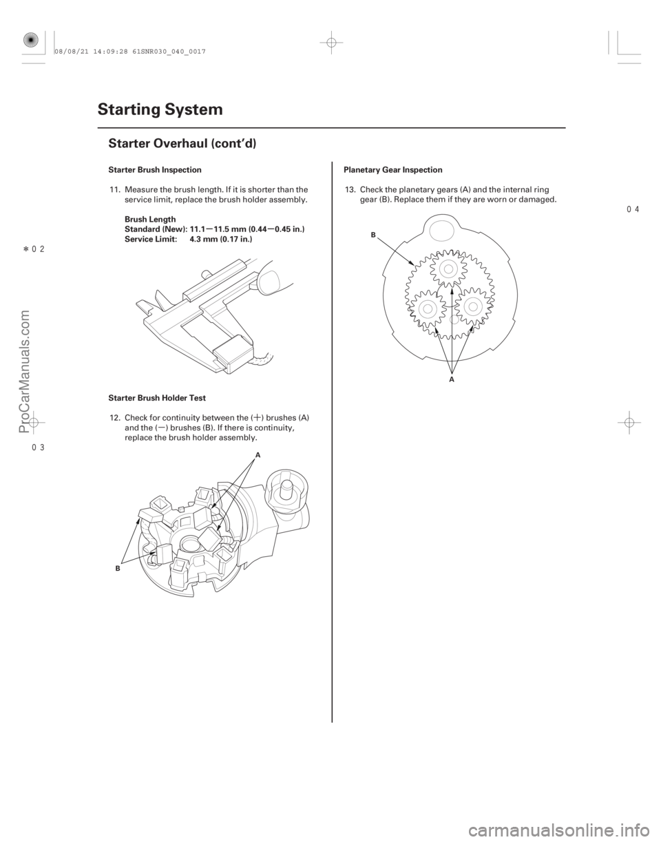 ACURA CSX 2006  Service Manual PDF ´
µ
Î
 
µµ
Starter Brush Inspection
Brush Length
Standard (New): 11.1 11.5 mm (0.44 0.45 in.)
Service Limit: 4.3 mm (0.17 in.)
Starter Brush Holder Test Planetary Gear Inspection