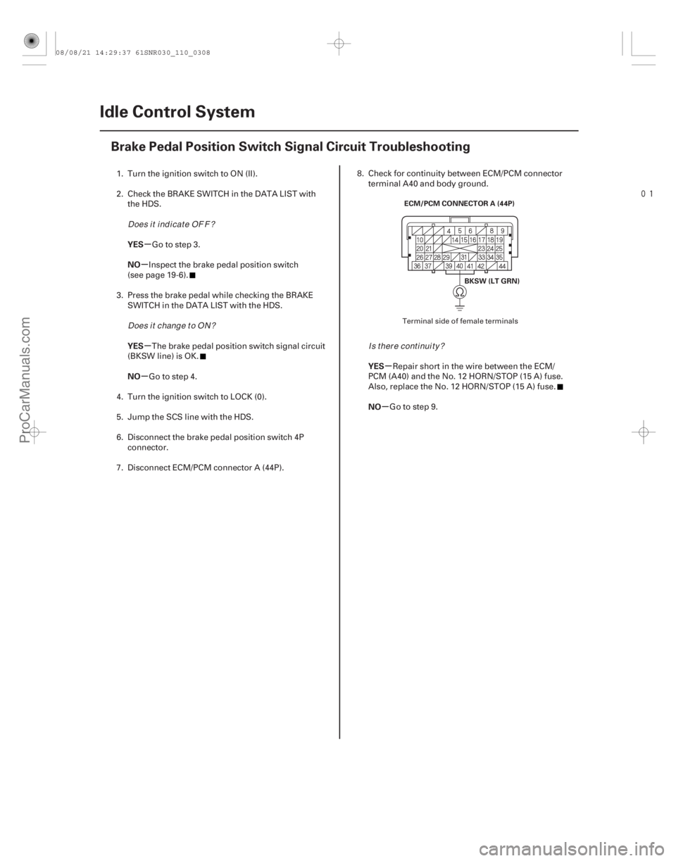 ACURA CSX 2006  Service Repair Manual 
(#

)
µ
µ
µ
µ µ
µ
YES
NO
YES
NO
YES
NO
11-308Idle Control System
Brake Pedal Position Switch Signal Circuit Troubleshooting
ECM/PCM CONNEC