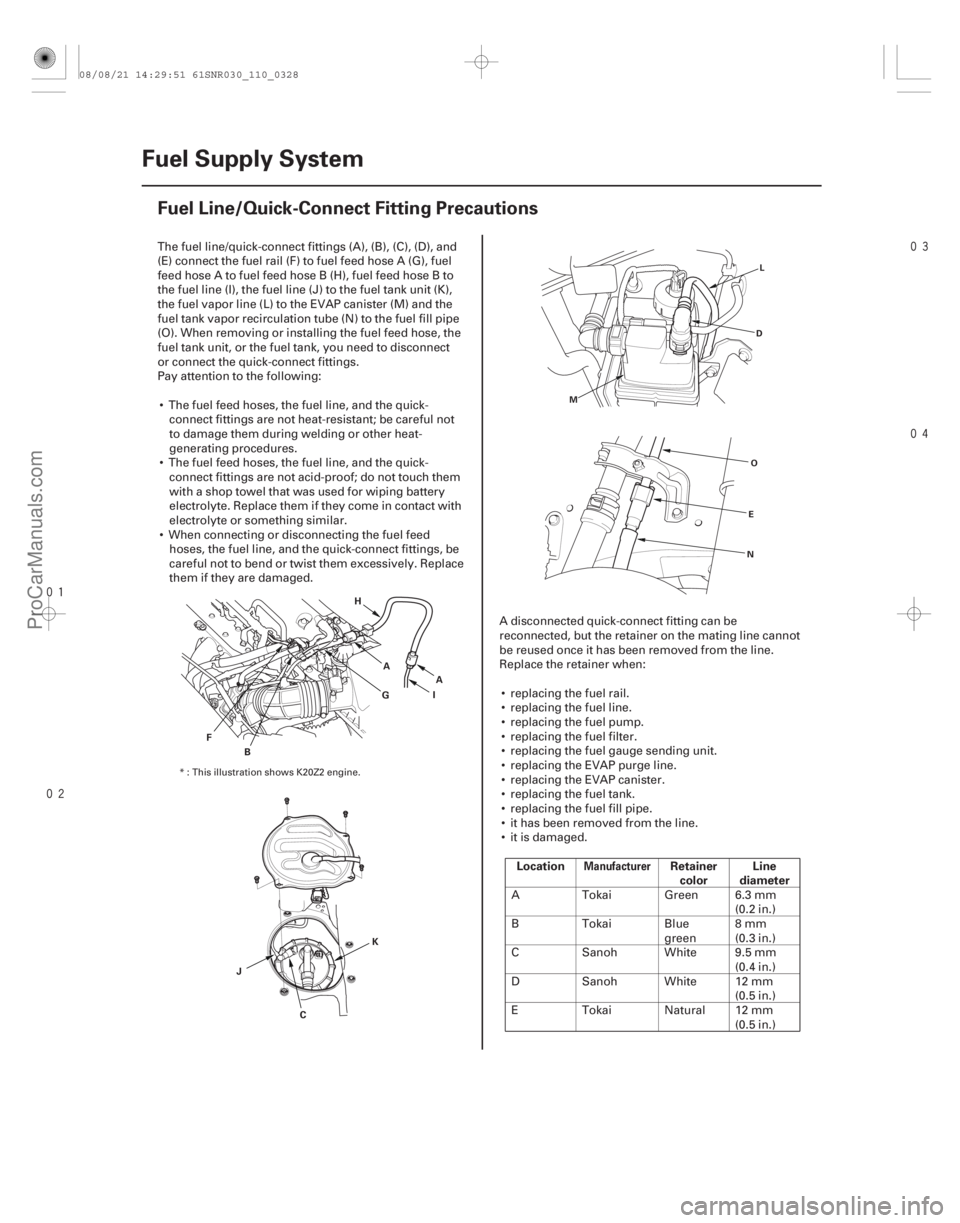 ACURA CSX 2006  Service Repair Manual 


(#
) Location Retainer
colorLine
diameter
Manufacturer
11-328 Fuel Supply System
Fuel Line/Quick-Connect Fitting Precautions
A
B
F H
I
