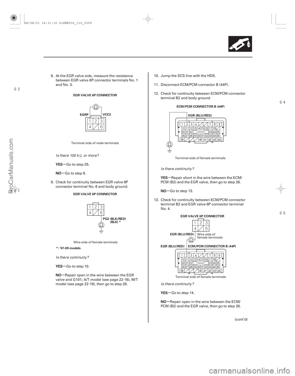 ACURA CSX 2006  Service Repair Manual 
Î
 

µ
µ
µ
µ µ
µ
µ
µ
YES
NO
YES
NO
YES
NO
YES
NO
11-359
EGR VALVE 6P CONNECTOR
VCC2
EGRP
EGR VALVE 6P CONNECTOR PG2 (BLK/RED)(BLK) *
*: ’07-09 models ECM/PCM CONNEC