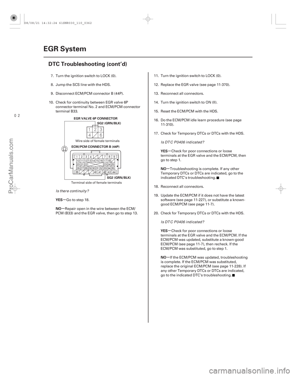 ACURA CSX 2006  Service Repair Manual µ
µ µ
µ
µ
µ
YES
NO YES
NO
YES
NO
11-362EGR System
DTC Troubleshooting (cont’d)
ECM/PCM CONNECTOR B (44P)
EGR VALVE 6P CONNECTOR
SG2 (GRN/BLK)
SG2 (GRN/BLK)
7. Turn the ignition switc