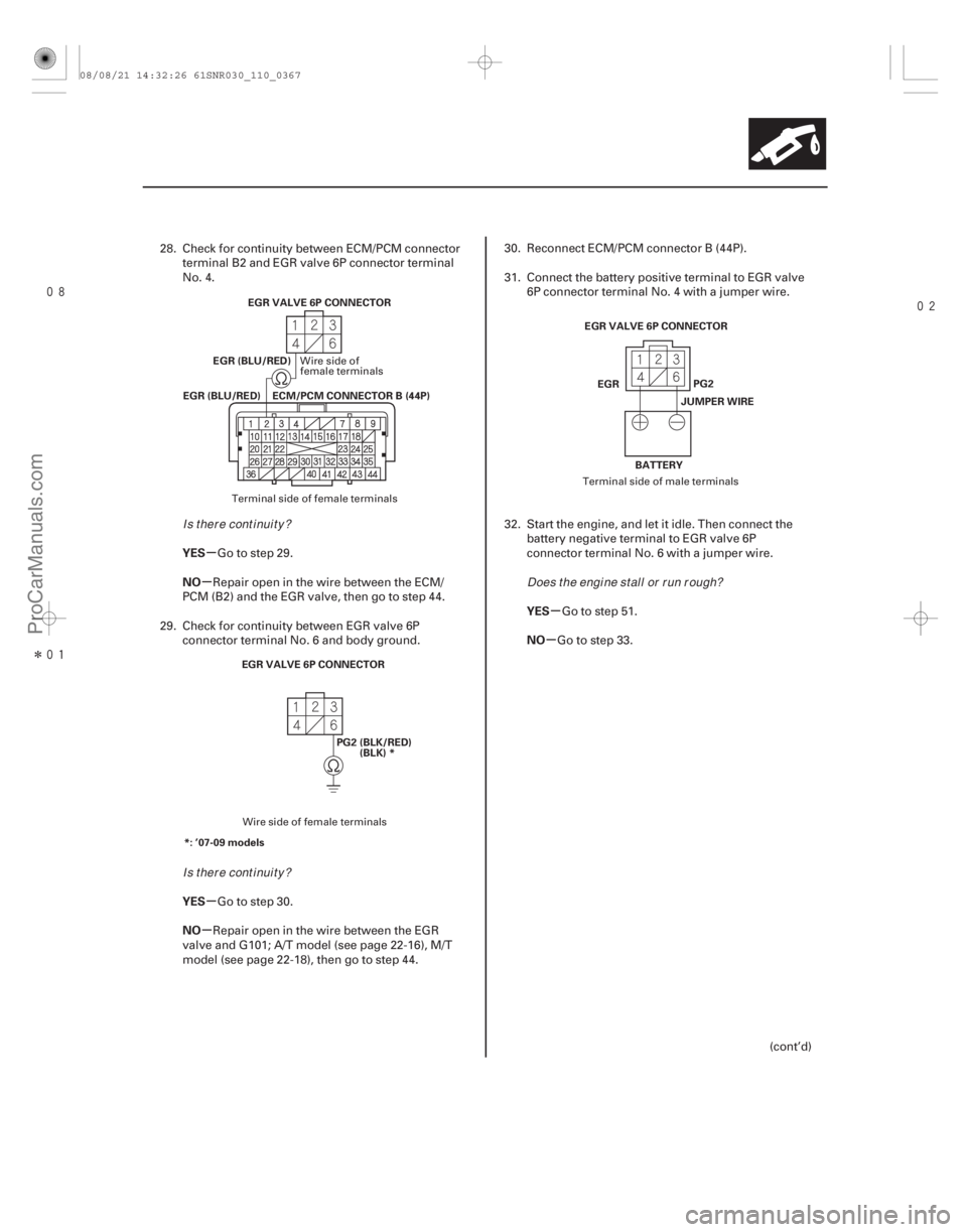ACURA CSX 2006  Service Repair Manual 
Î
 
µ
µ
µ
µ µ
µ
YES
NO
YES
NO YES
NO
11-367
ECM/PCM CONNECTOR B (44P)
EGR (BLU/RED) EGR VALVE 6P CONNECTOR
EGR (BLU/RED)
EGR VALVE 6P CONNECTOR PG2 (BLK/RED)(BLK) *
*: ’07-