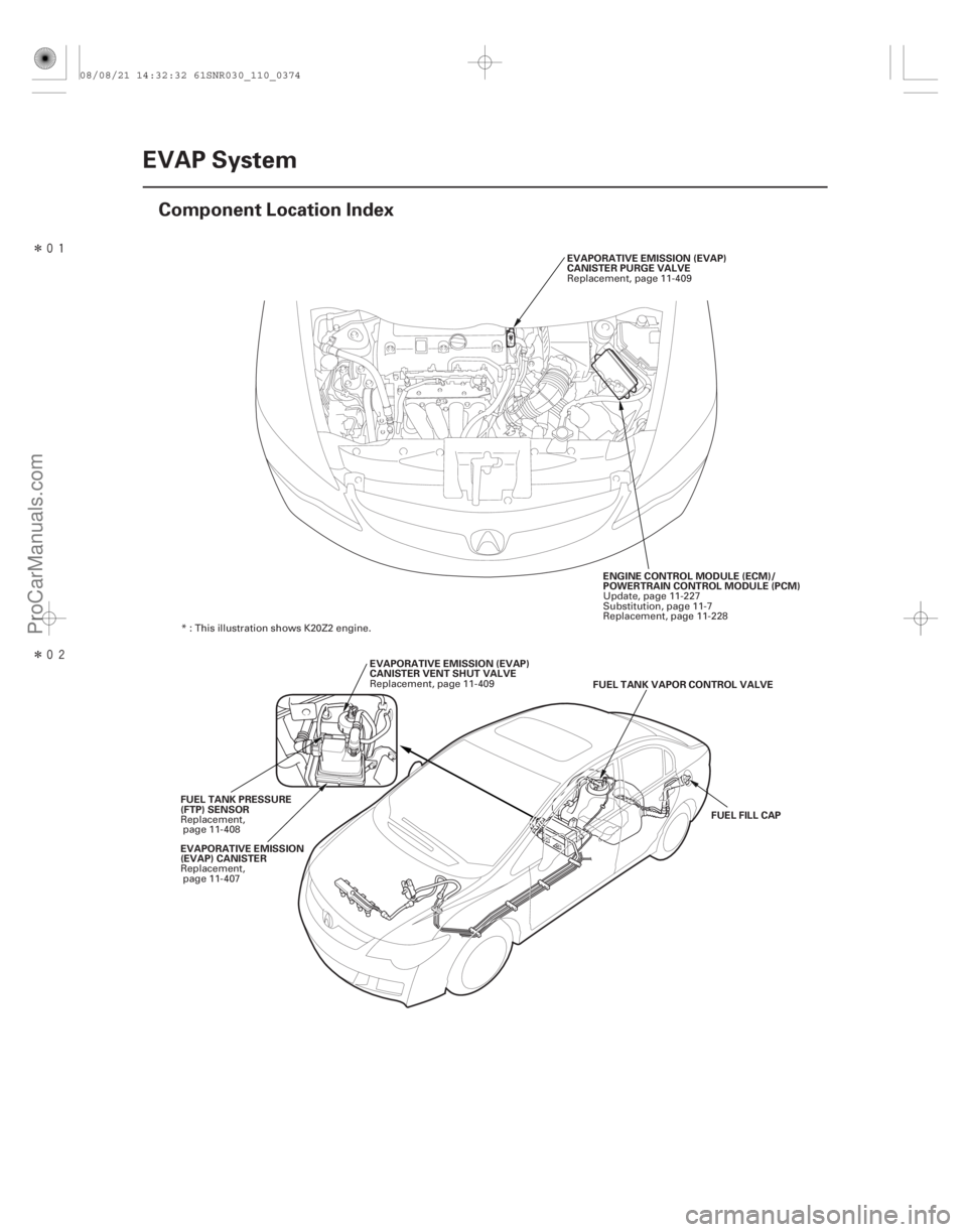 ACURA CSX 2006  Service Repair Manual Î
Î(#)
11-374EVAP System
Component Location Index
EVAPORATIVE EMISSION (EVAP)
CANISTER PURGE VALVE
ENGINE CONTROL MODULE (ECM)/
POWERTRAIN CO