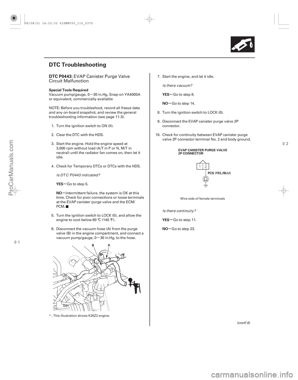ACURA CSX 2006  Service Repair Manual µ
µ

 
(# 
)
µ
µ µ
µ
µ
µ
DTC P0443:
Special Tools Required
YES
NO YES
NO
YES
NO
11-375
DTC Troubleshooting
A
B PCS (YEL/BLU)
EVAP CA