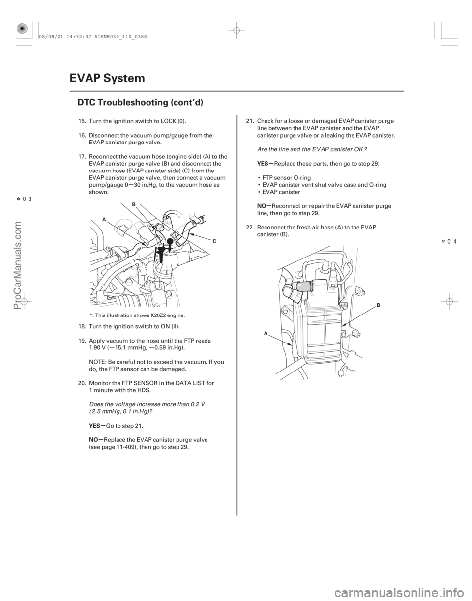 ACURA CSX 2006  Service Repair Manual µ
µµ
Î
Î
µ
µ µ
µ
YES
NO YES
NO
11-388
EVAP System
DTC Troubleshooting (cont’d)
A
B
C
A B
15. Turn the ignition switch to LOCK (0).
16. Disconnect the vacuum pump/gauge from