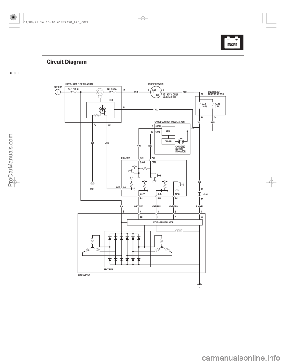 ACURA CSX 2006  Service Repair Manual Î
(#

)
4-25
Circuit Diagram
6
3
191 F5
17 D2
A3
A2 H1
ELD
CANL
CANH
ALTF ALTC ALTL
5V
ALTERNATOR DRIVER
YEL
FR L C IG BRN
ELD
A23 GAUGE CONTROL MODUL