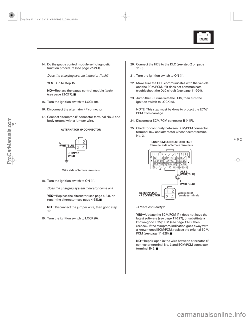 ACURA CSX 2006  Service Manual PDF Î
Î
µ
µ
µ
µ µ
µ
YES
NO
YES
NO
YES
NO
4-27
ALTERNATOR 4P CONNECTOR
L
(WHT/BLU) JUMPER
WIER
ALT L
(WHT/BLU)
ECM/PCM CONNECTOR B (44P)
L
(WHT/BLU)
ALTERNATOR
4P CONNECTOR
14. Do th
