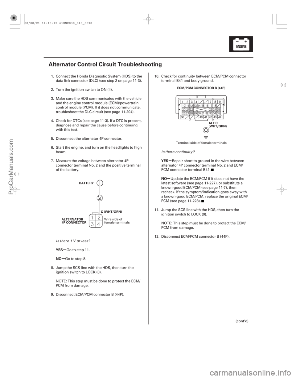ACURA CSX 2006  Service Repair Manual 

(#


)
µ
µ µ
µ
YES
NO YES
NO
4-29
Alternator Control Circuit Troubleshooting
BATTERY
ALTERNATOR
4P CONNECTOR C (WHT/GRN) ALT C
(WHT/GRN)
EC