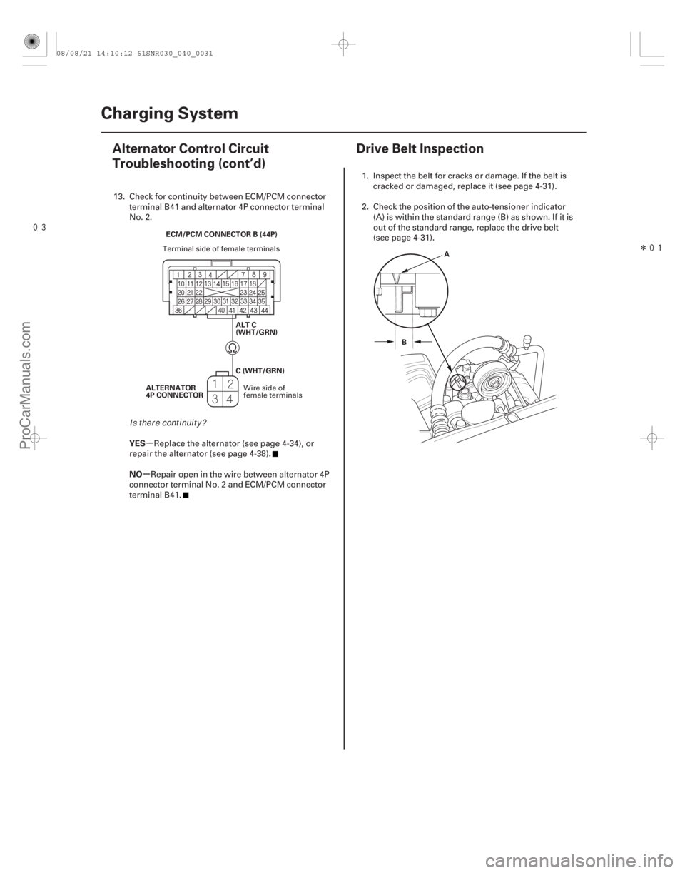 ACURA CSX 2006  Service Manual PDF Î
(#


")
µ
µ
YES
NO
4-304-30 Charging System
Alternator Control Circuit
Troubleshooting (cont’d)
Drive Belt Inspection
C (WHT/GRN)
ALTERNATO