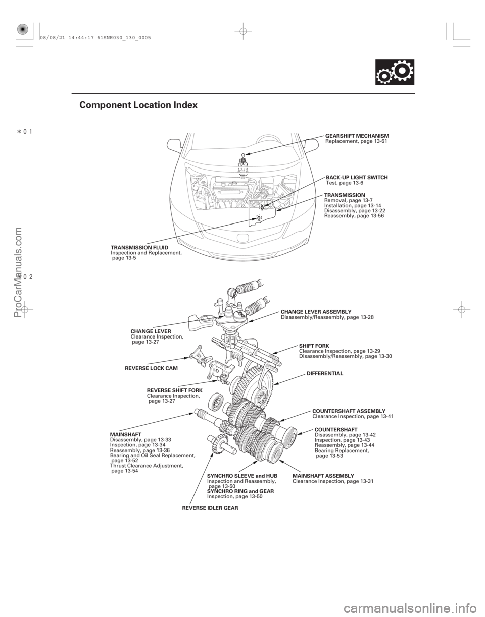 ACURA CSX 2006  Service Repair Manual Î
Î(#

)
13-3
Component Location Index
GEARSHIFT MECHANISM
TRANSMISSION FLUID BACK-UP LIGHT SWITCH
TRANSMISSION
CHANGE LEVER ASSEMBLY COUNTERSH