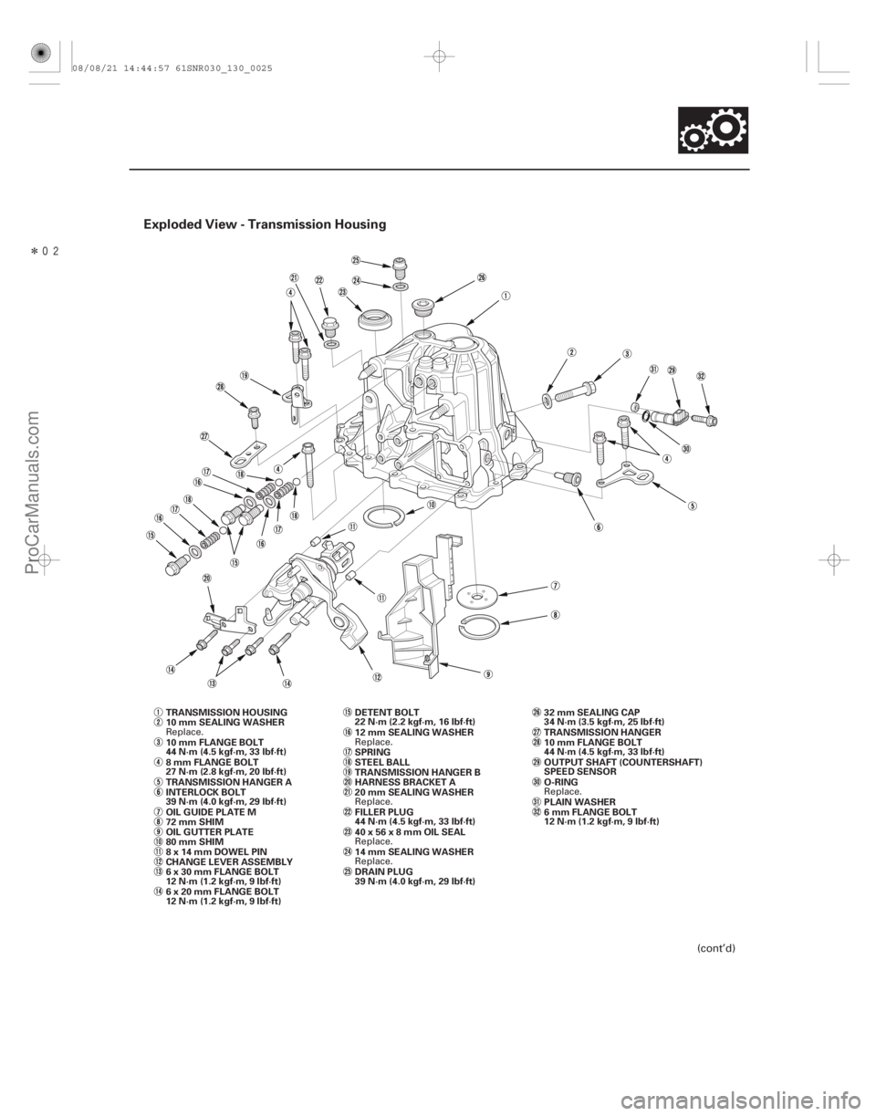 ACURA CSX 2006  Service Repair Manual Î
Exploded View - Transmission Housing
13-23
TRANSMISSION HOUSING32 mm SEALING CAP
34 N·m (3.5 kgf·m, 25 lbf·ft)
10 mm SEALING WASHER
FILLER PLUG
44 N·m (4.5 kgf·m, 33 lbf·ft)
40x56x8mmOIL