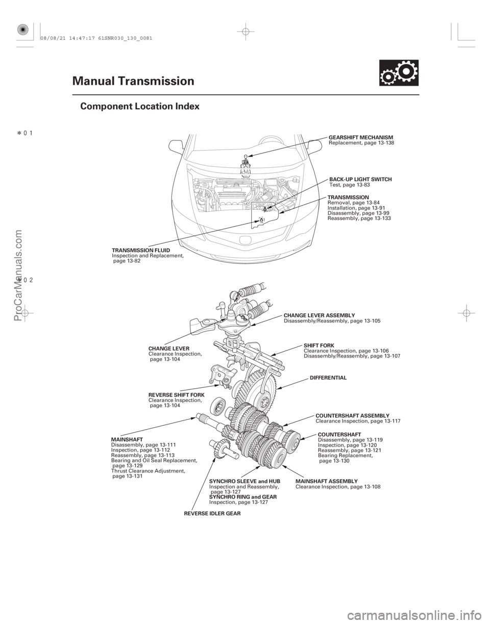 ACURA CSX 2006  Service Repair Manual Î
Î(#

)
13-79
Manual Transmission
Component Location Index
GEARSHIFT MECHANISM
TRANSMISSION FLUID BACK-UP LIGHT SWITCH
TRANSMISSION
CHANGE LEV