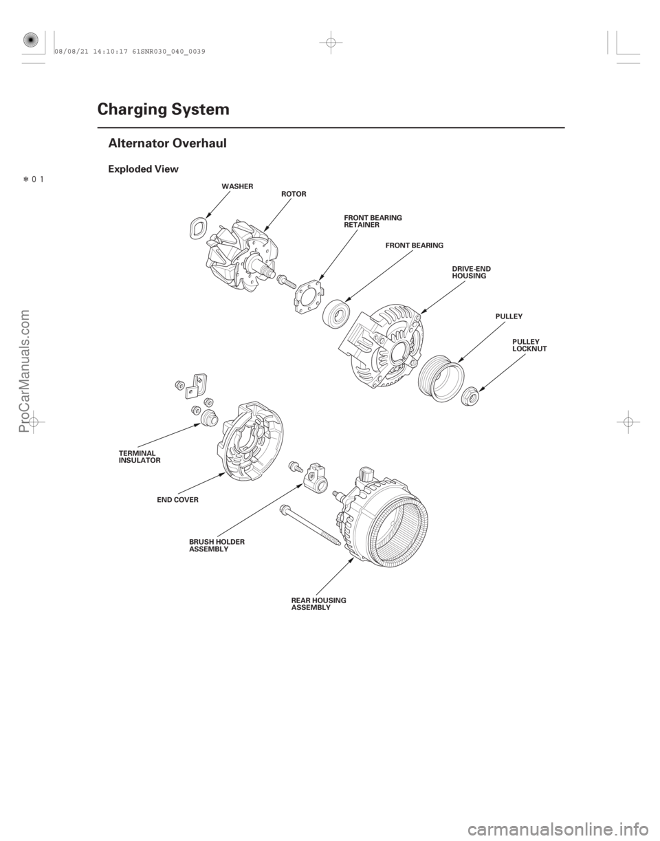 ACURA CSX 2006  Service Manual Online Î
(#



!)
Exploded View
4-38Charging System
Alternator Overhaul
ROTOR
FRONT BEARING
RETAINERFRONT BEARING
DRIVE-END
HOUSING
PULLEYPULLEY
LOCKNUT
TERMINA