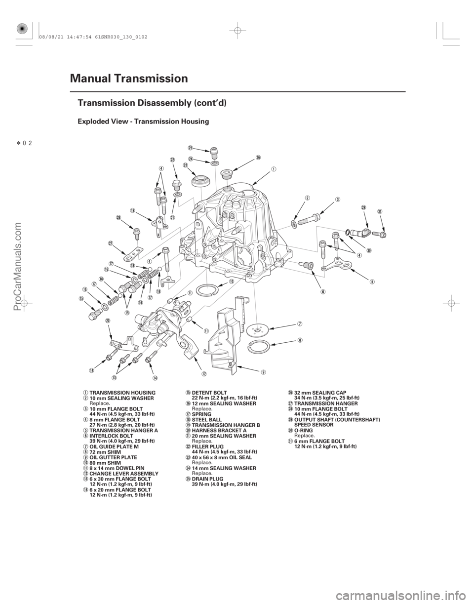 ACURA CSX 2006  Service Repair Manual Î
Exploded View - Transmission Housing
13-100Manual Transmission
Transmission Disassembly (cont’d)
TRANSMISSION HOUSING
32 mm SEALING CAP
34 N·m (3.5 kgf·m, 25 lbf·ft)
10 mm SEALING WASHER
