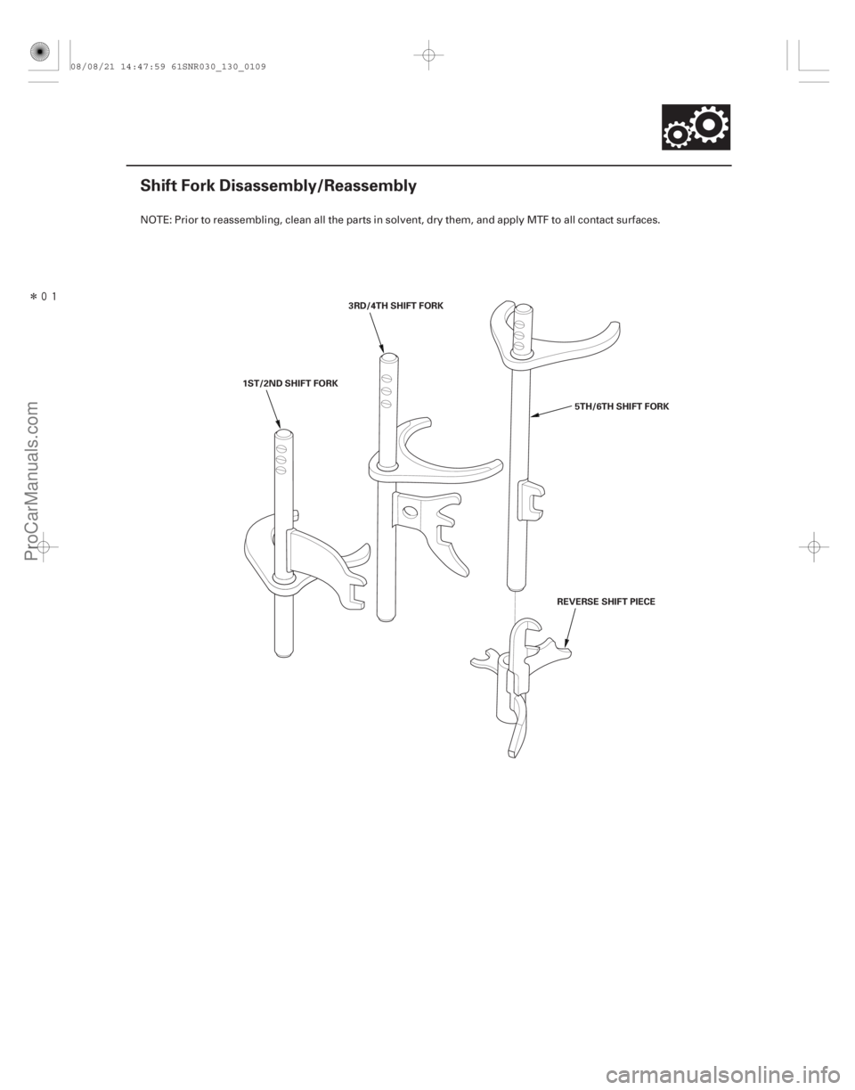 ACURA CSX 2006  Service Repair Manual Î
(#

")
13-107
Shift Fork Disassembly/Reassembly
REVERSE SHIFT PIECE
1ST/2ND SHIFT FORK
3RD/4TH SHIFT FORK
5TH/6TH SHIFT FORK
NOTE: Prior to reassembl