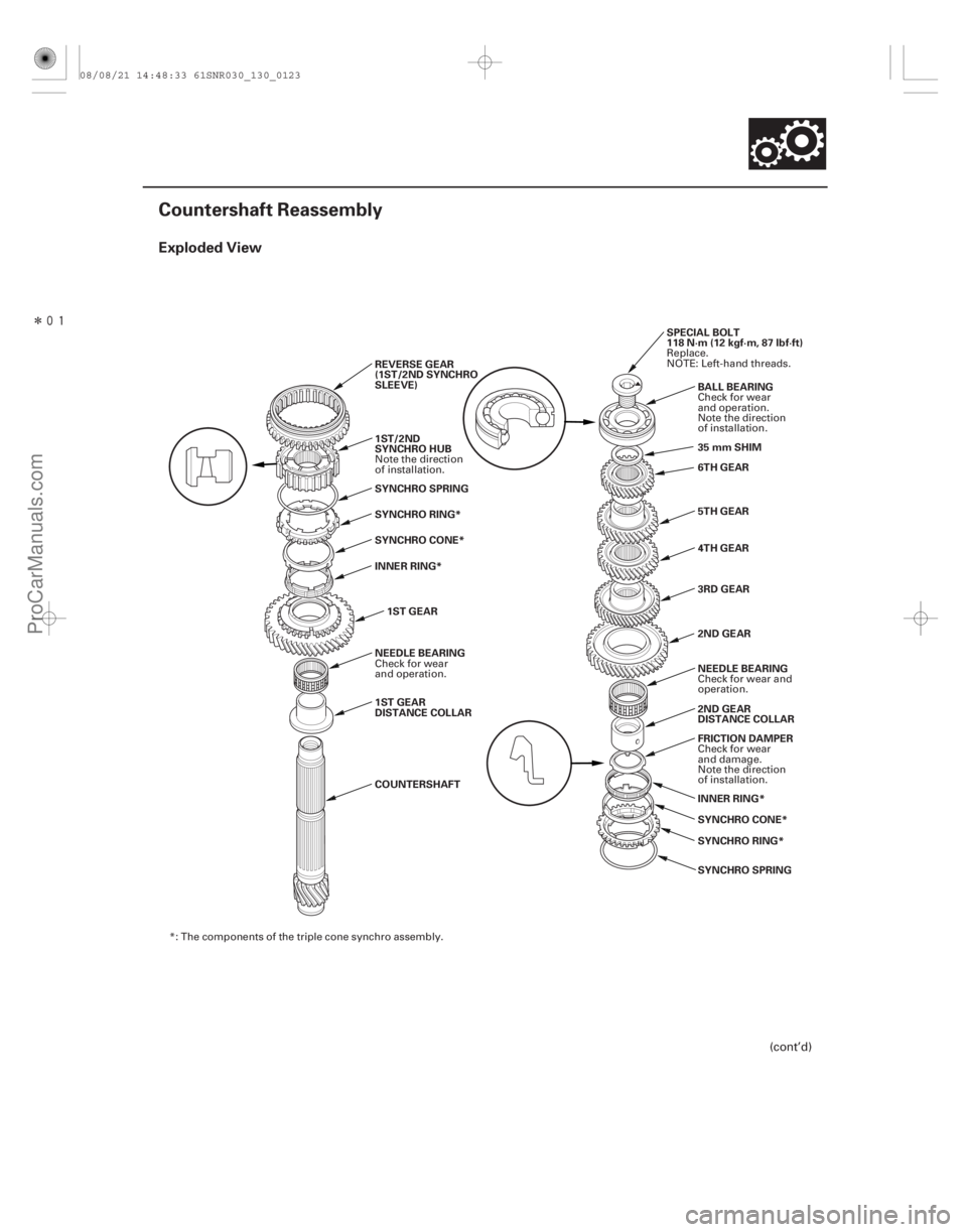 ACURA CSX 2006  Service Repair Manual Î
(#
!)
Exploded View
13-121
Countershaft Reassembly
COUNTERSHAFT 3RD GEAR
NEEDLE BEARING 4TH GEAR 5TH GEAR
NEEDLE BEARING 35 mm SHIM
6TH GEAR
REVERSE
