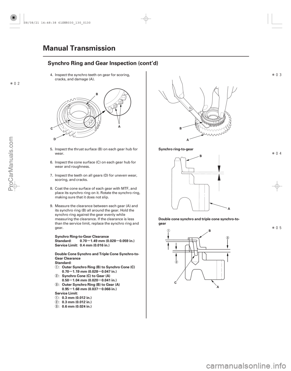 ACURA CSX 2006  Service Repair Manual ÎÎ
Î
Î
µµ
µµ
µµ
µµ
Synchro Ring-to-Gear Clearance
Standard: 0.70 1.49 mm (0.028 0.059 in.)
Service Limit: 0.4 mm (0.016 in.)
Double Cone Synchro and Triple Cone