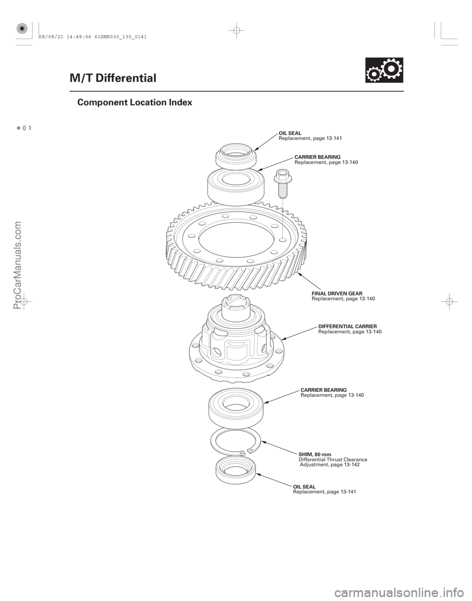 ACURA CSX 2006  Service Repair Manual Î
(#
)
13-139
M/T Differential
Component Location Index
CARRIER BEARING
FINAL DRIVEN GEARDIFFERENTIAL CARRIER
CARRIER BEARING
SHIM, 80 mm
OIL SEAL
OI
