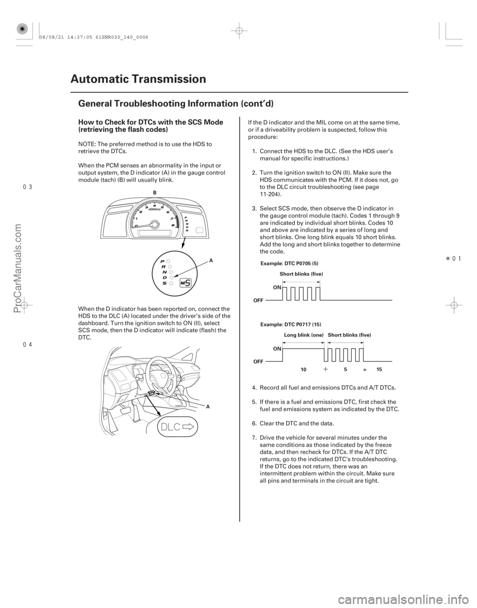 ACURA CSX 2006  Service Repair Manual 
Î
´
How to Check for DTCs with the SCS Mode
(retrieving the flash codes)
14-4Automatic Transmission
General Troubleshooting Information (cont’d)
A
B
AOFF
Short blinks (five)
OFF
ON
