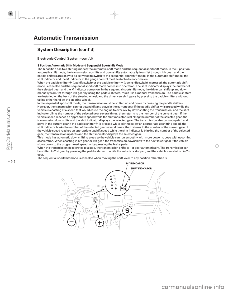 ACURA CSX 2006  Service Repair Manual ´µµ
´
´
Î
Electronic Control System (cont’d)
S Position Automatic Shift Mode and Sequential Sportshift Mode
14-44 Automatic Transmission
System Description (cont’d)
SHIFT INDICATOR