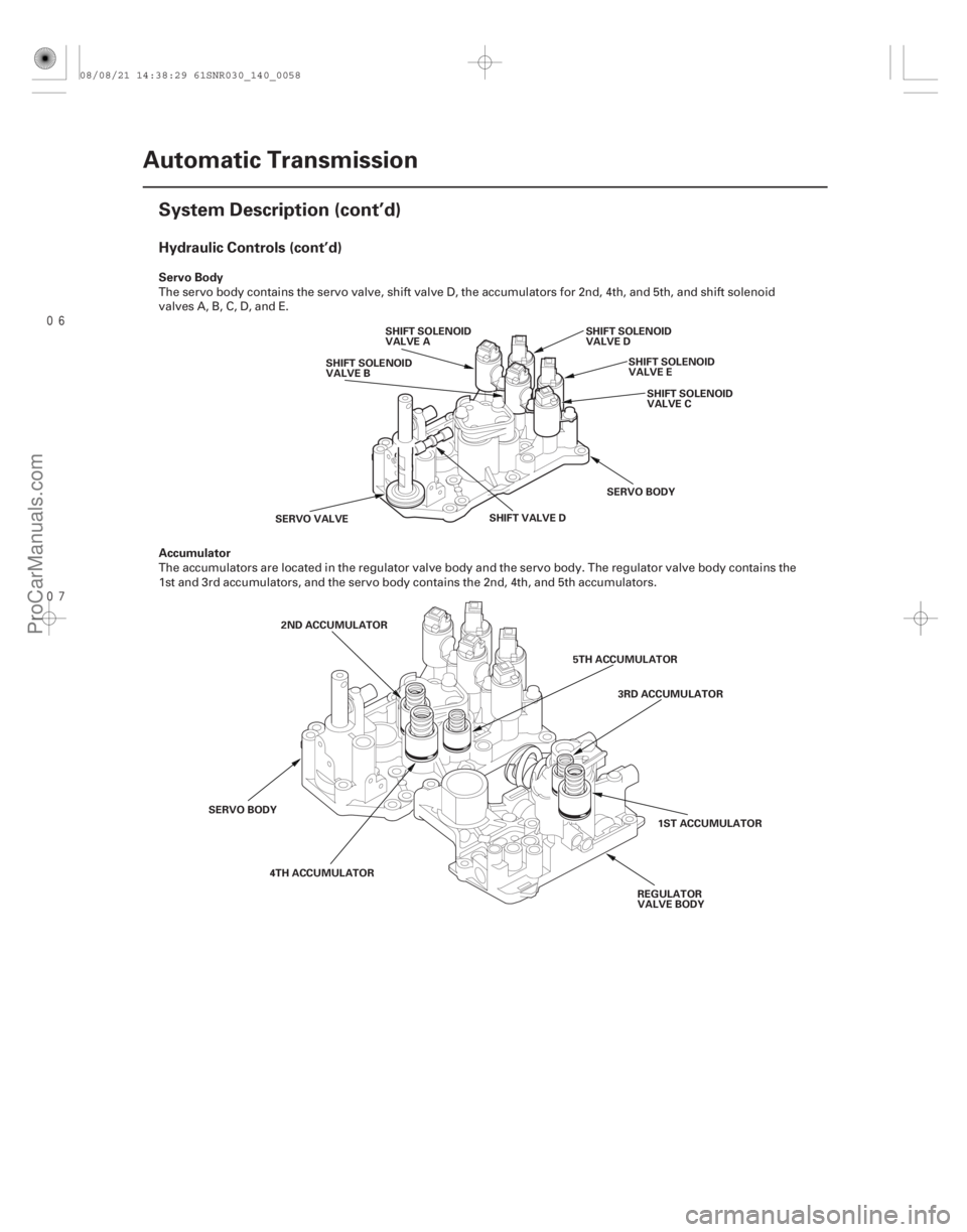 ACURA CSX 2006  Service Repair Manual 

Hydraulic Controls (cont’d)
Servo Body
Accumulator
14-56Automatic Transmission
System Description (cont’d)
SHIFT SOLENOID
VALVE A
SHIFT SOLENOID
VALVE B SHIFT SOLENOID
VALVE C
SHIFT SOLE
