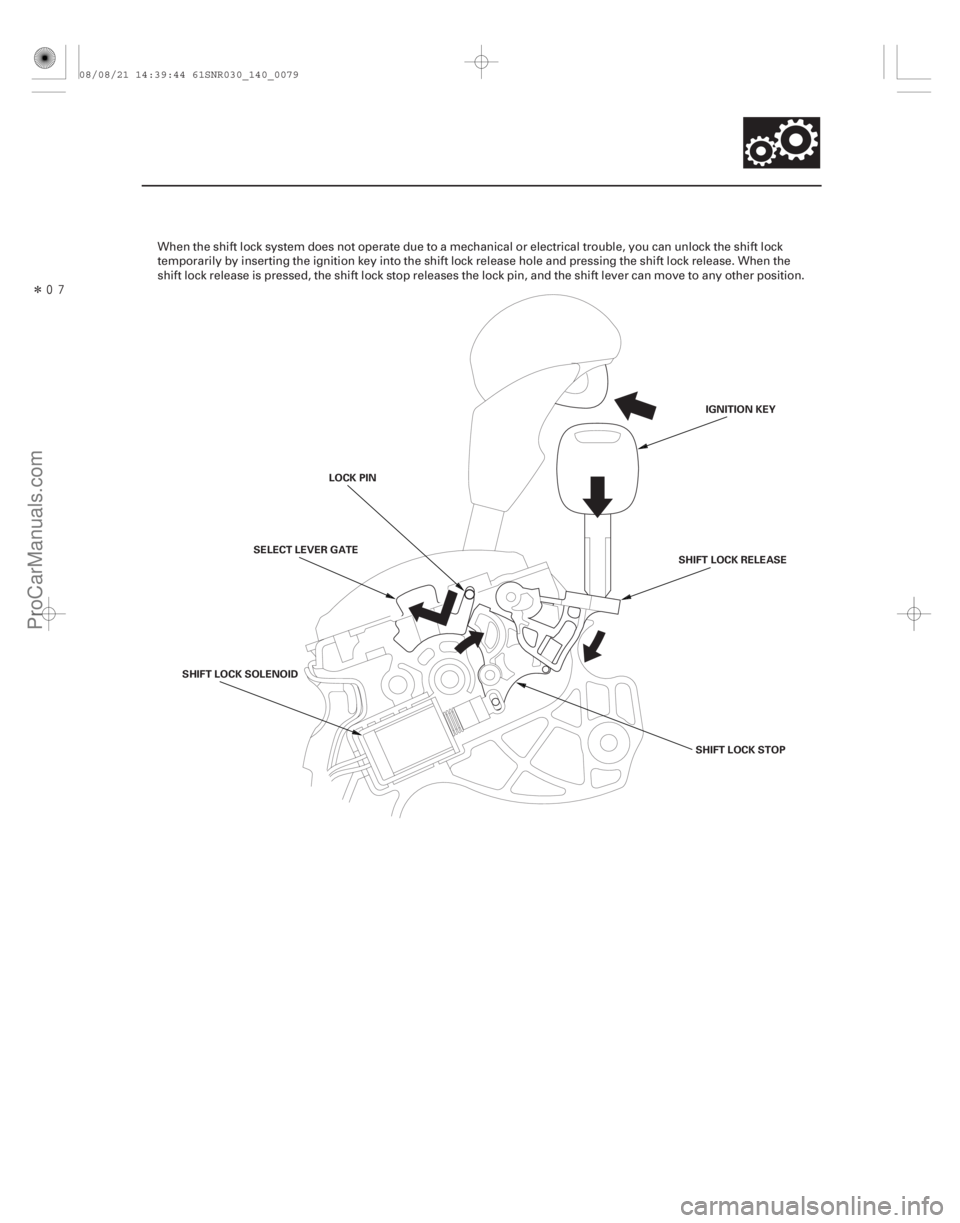 ACURA CSX 2006  Service Repair Manual Î
14-77
IGNITION KEY
LOCK PIN
SHIFT LOCK STOP
SHIFT LOCK SOLENOID SELECT LEVER GATE
SHIFT LOCK RELEASE
When the shift lock system does not operate due to a mechanical or electrical trouble, you 