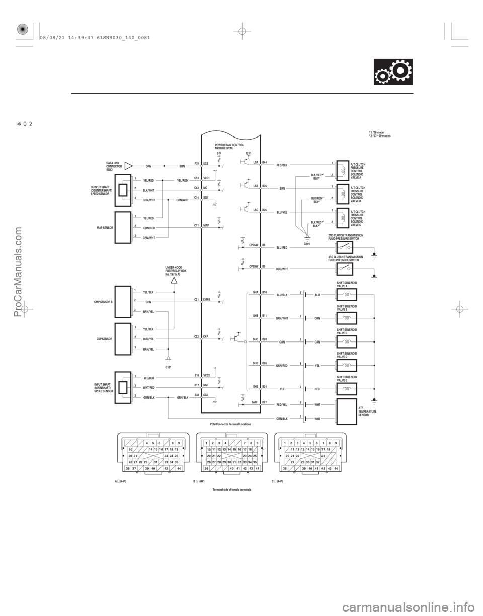 ACURA CSX 2006  Service Repair Manual Î
Ó
Ú
Ø µ
14-79
RED
3
SHE B24
YEL
BRN
ORN A31
SCS
GRN/WHTBLU/BLK
GRN
GRN/RED
C13 VCC1
YEL/RED
SG1
C14 C43 NC
BLK/WHT
1
2
3
B9 B8
C (44P)
B(44P)
A(44P)
Terminal side of female terminalsB2