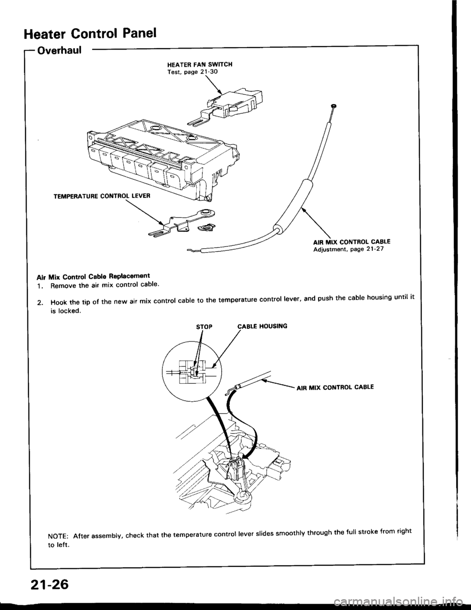 ACURA INTEGRA 1994  Service Repair Manual Heater Control Panel
Overhaul
HEATER FAN SWITCHTest, page 21-30
AIR MIX CONTROL CABLE
Adjustment, page 21-27
Air Mix Control Cable Replacom€ni
1. Remove the ait mix control caDle
2. Hook the tip of