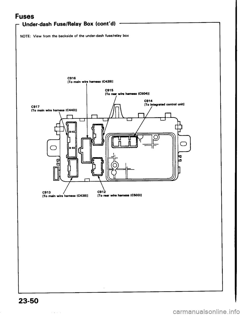 ACURA INTEGRA 1994  Service Repair Manual Fuses
Under-dash Fuse/Relay Box (contd)
NOTE: View from the backside of the under-dash tuse/relay box
c916[To m.in wlro h.rnr.t lol39]l
cgt5tTo ..r wftt hJtr.r (CsOrDl
c9r4[To Int grrtad control unhl