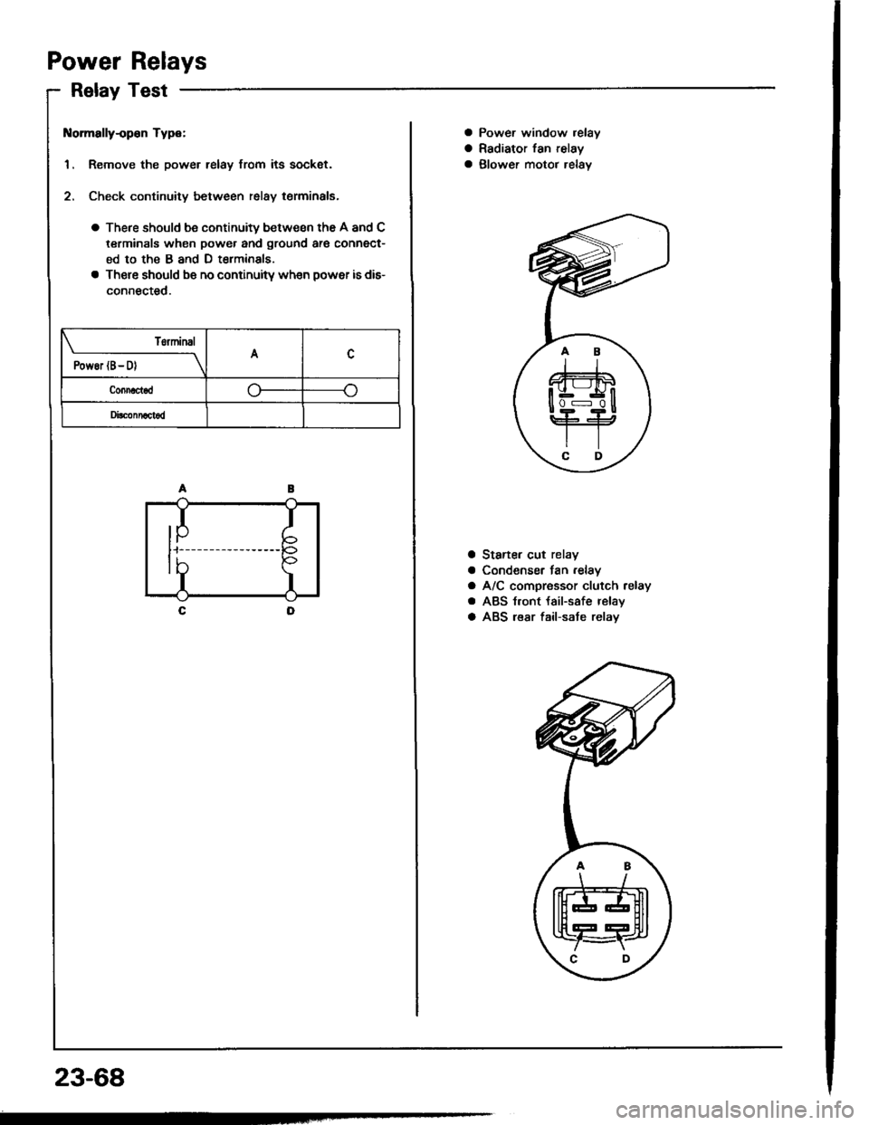 ACURA INTEGRA 1994  Service Repair Manual Power Relays
Relay Test
t{ormally-op€n Type:
1. Remove the power relay from its sockat.
2. Check continuity between relay terminals.
a There should be continuity between the A and C
terminals when p