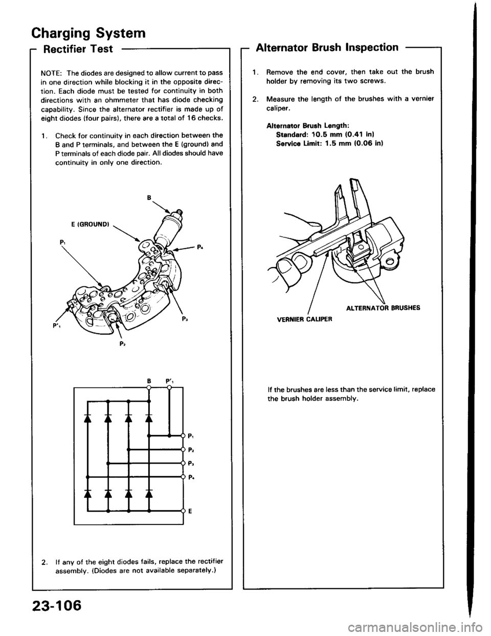 ACURA INTEGRA 1994  Service Repair Manual RectifierTest
NOTE: The diodes are designed to allow current to pass
in one direction while blocking it in the opposite direc-
lion. Each diode must be tested for continuitv in both
directions with an