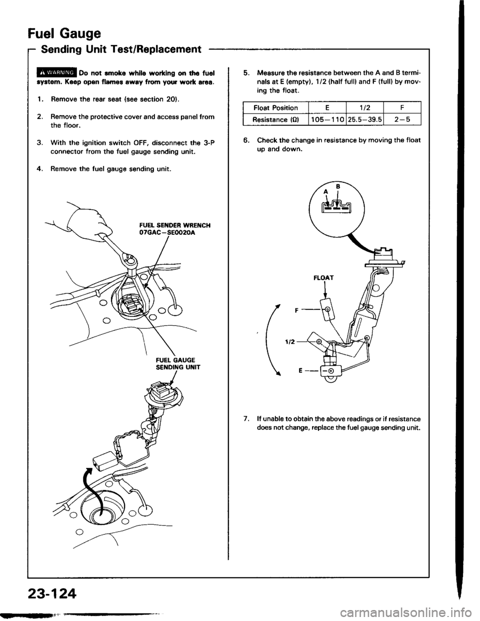 ACURA INTEGRA 1994  Service Repair Manual Fuel Gauge
Sending Unit Test/Replacement
@ oo not lmoke while working on tho fuol
system. Kaop open flamos away from your wotk aroa.
1. Remove the rear seat (see section 2O).
2. Remove the protective 