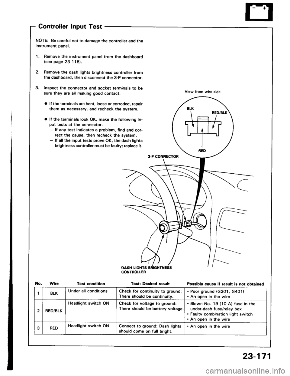 ACURA INTEGRA 1994  Service Repair Manual Controller Input Test
NOTE: 8e careful not to damage the controller and the
instrument panal.
1. Remove the instrument panel lrom the dsshboard
{see page 23-1181.
2. Remove the dash lights b.ightness 