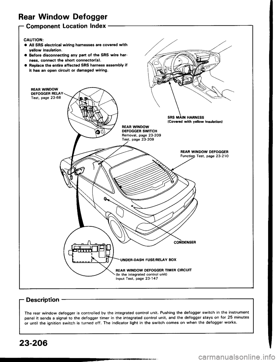 ACURA INTEGRA 1994  Service Repair Manual Rear Window Defogger
Component Location Index
CAUTION:
a All SRS olectrical wi ng ham€$6s are covoled with
y€llow insulation.
B6foro disconnocting any part of ths SRS wire har-
ness. connoct tho s