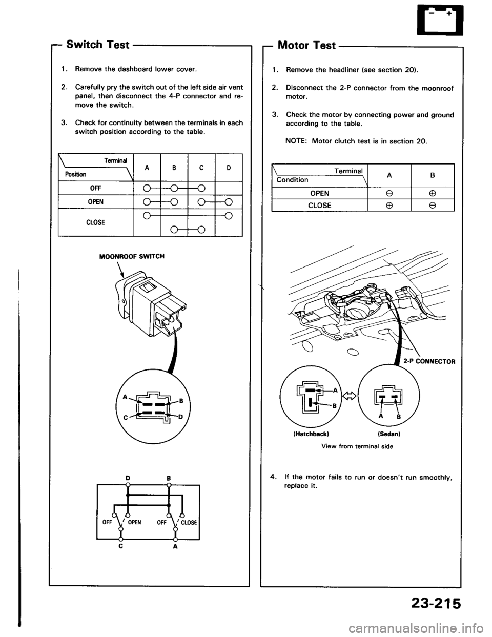 ACURA INTEGRA 1994  Service Service Manual Switch Test
1, Remove the dashboard lower cover.
2. Carefully pry the switch out of the left side air vent
Danel, then disconnect the 4-P connector and re-
move the switch.
3. Check lor continuity bet