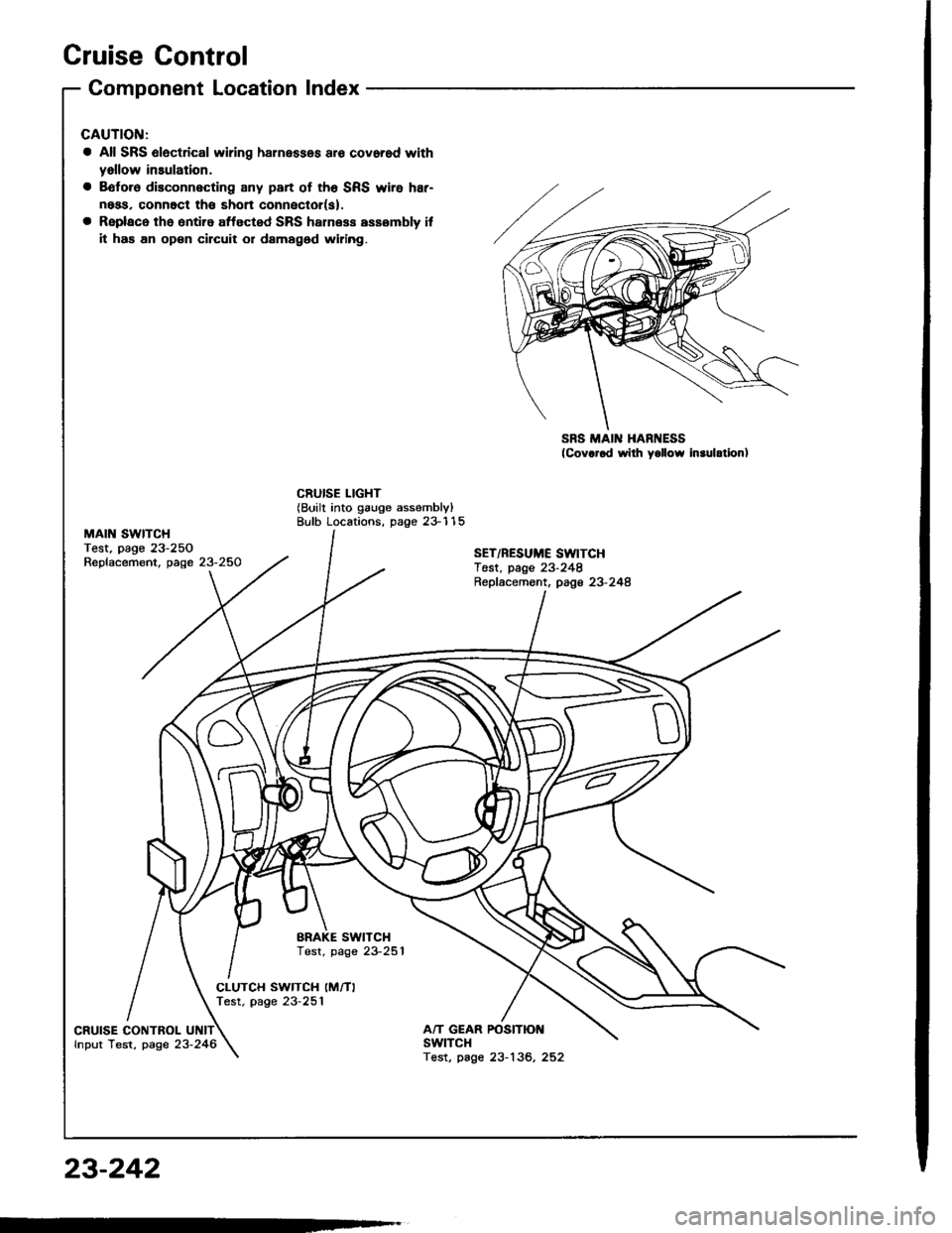 ACURA INTEGRA 1994  Service Service Manual Cruise Control
MAIN SWITCHTest, page 23-250Replacement, page 23-250
Component Location Index
a All SRS 6l6ctrical wiring harnessos aro covorod with
yallow insulation,
a Bofo.6 disconnecting any part o