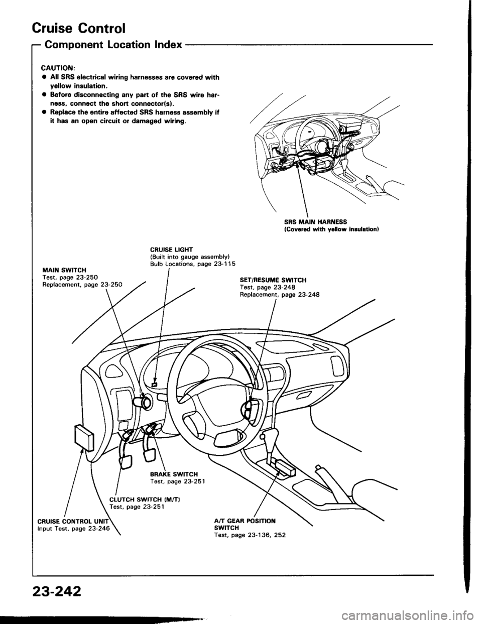ACURA INTEGRA 1994  Service Repair Manual Cruise Control
MAIN SWITCHTest, page 23-250Replacement, page 23-250
Component Location Index
a All SRS 6l6ctrical wiring harnessos aro covorod with
yallow insulation,
a Bofo.6 disconnecting any part o