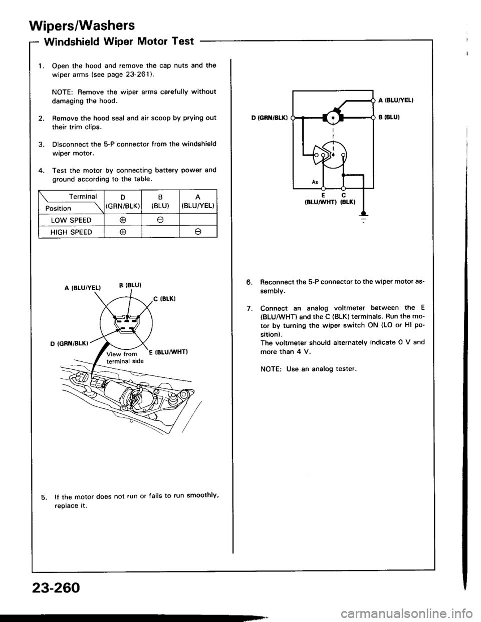 ACURA INTEGRA 1994  Service Repair Manual Wipers/Washers
Windshield Wiper Motor Test
Open the hood and remove the cap nuts and the
wiper arms (see page 23-261).
NOTE: Remove the wiper arms carefully without
damaging the hood.
Remove the hood 