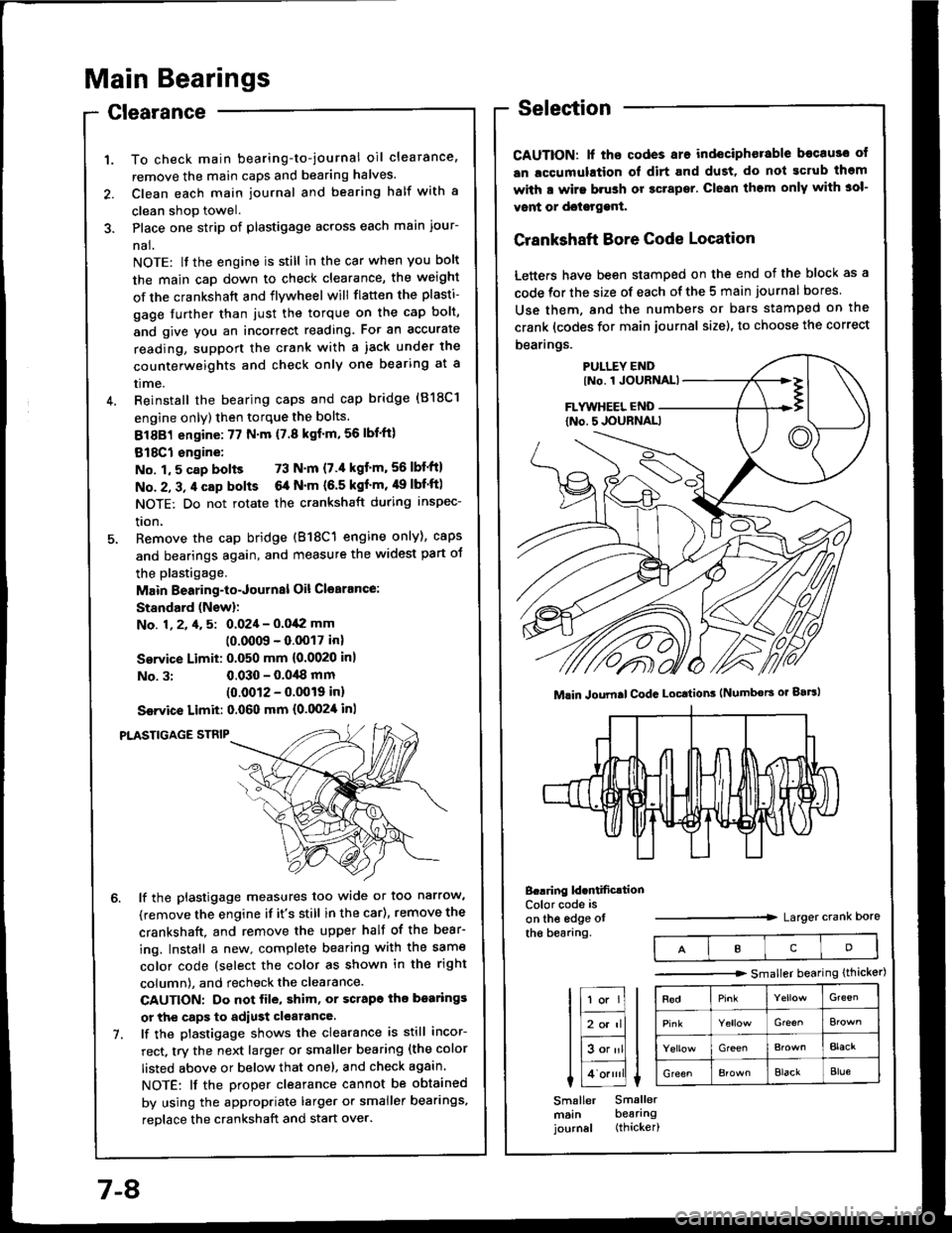 ACURA INTEGRA 1994  Service Repair Manual Main Bearings
Clearance
To check main bearing-to-journal oil clearance,
remove the main caps and bearing halves.
Clean each main journal and bearing half with a
clean shop towel.
Place one strip of pl