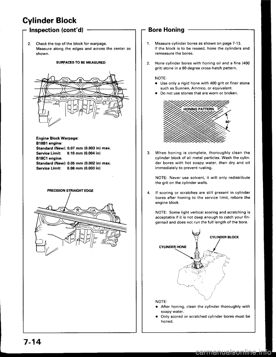 ACURA INTEGRA 1994  Service Repair Manual Cylinder Block
Inspection (contdl
2.Check the top of the block for warpage.
Measure along the edges and across the center as
snown.
SURFACES TO BE MEASURED
Engine Block Warpsgc:
81881 ongine:
Standar