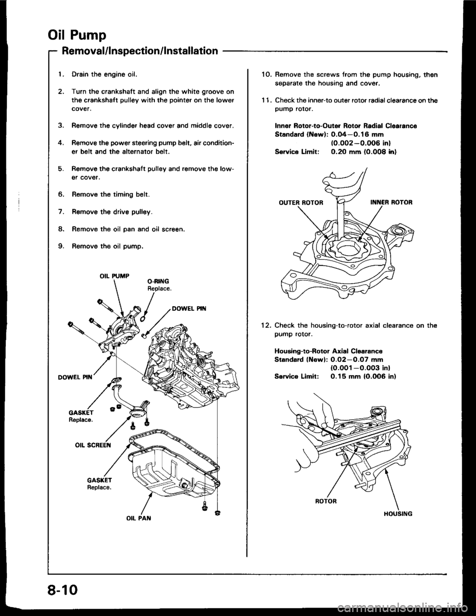 ACURA INTEGRA 1994  Service Repair Manual Oil Pump
5.
4.
Removal/lnspection/lnstallation
6. Remov€ the timing belt.
7. R€move the drive pulley.
8. Remov€ the oil pan and oil screen.
9. Remove the oil pump.
Drain the engine oil.
Turn the