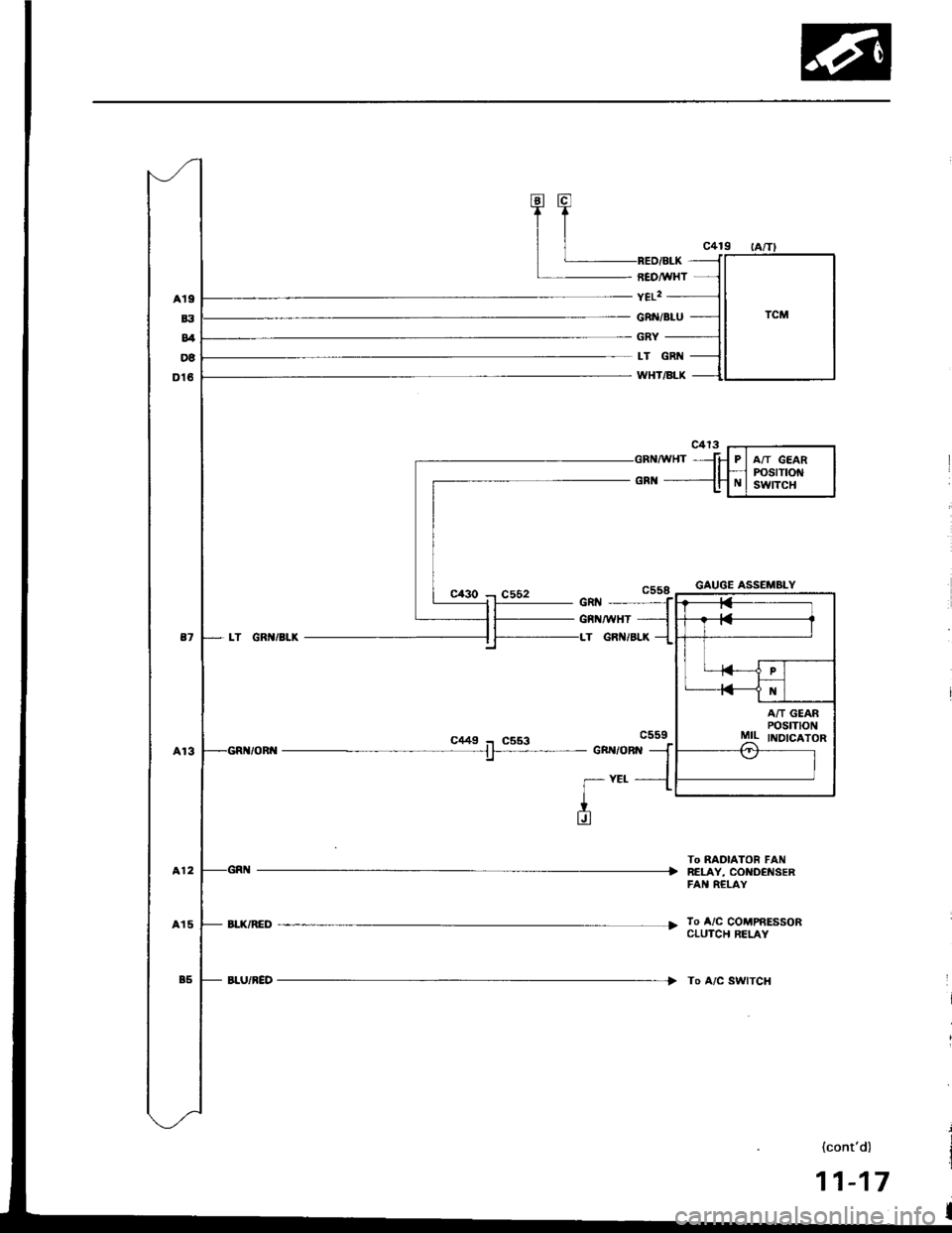 ACURA INTEGRA 1994  Service Repair Manual lBl lcl
IT
tl
] I neonr-x
RED/WXT
c449 - C553F- GR[{/OR]{
To RADIATOR FAt{RELAY, COI{D€I{SERFAI{ RELAY
To A/C COTT|PfiESSORCLUTCH RELAY
To A/C SWITCH
(contd)
11-17
GAUGE ASSEMALY
{!L rNDrcAToR
[" 