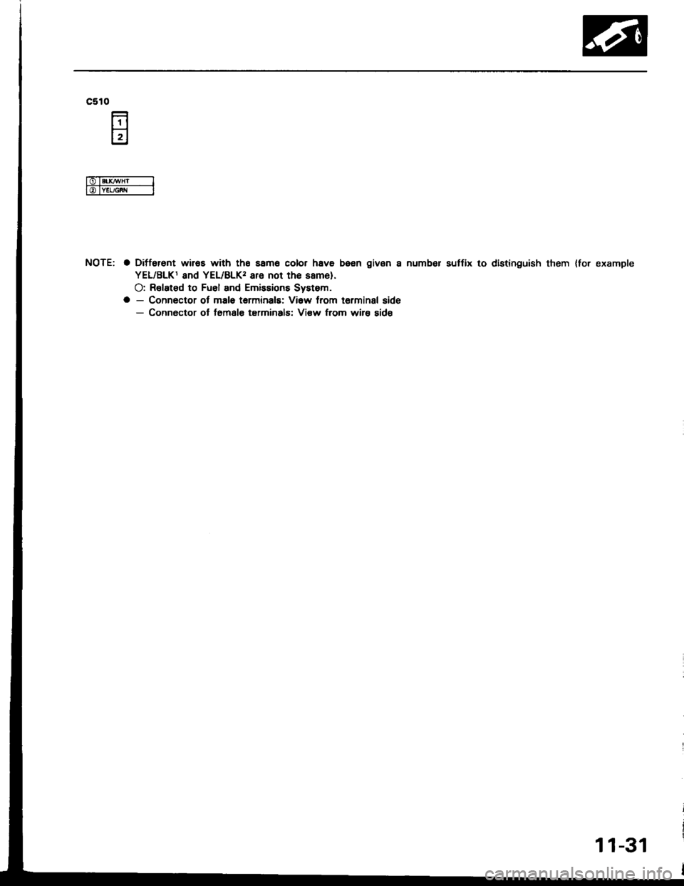 ACURA INTEGRA 1994  Service Repair Manual c510
NOTE: a Ditferent wiros with tho samo color hava been given a numb€r sutfix to distinguish them {for example
YEL/BLKI and YEL/BLK, are not th€ same).
O: R€lated to Fuel and Emissions Systom