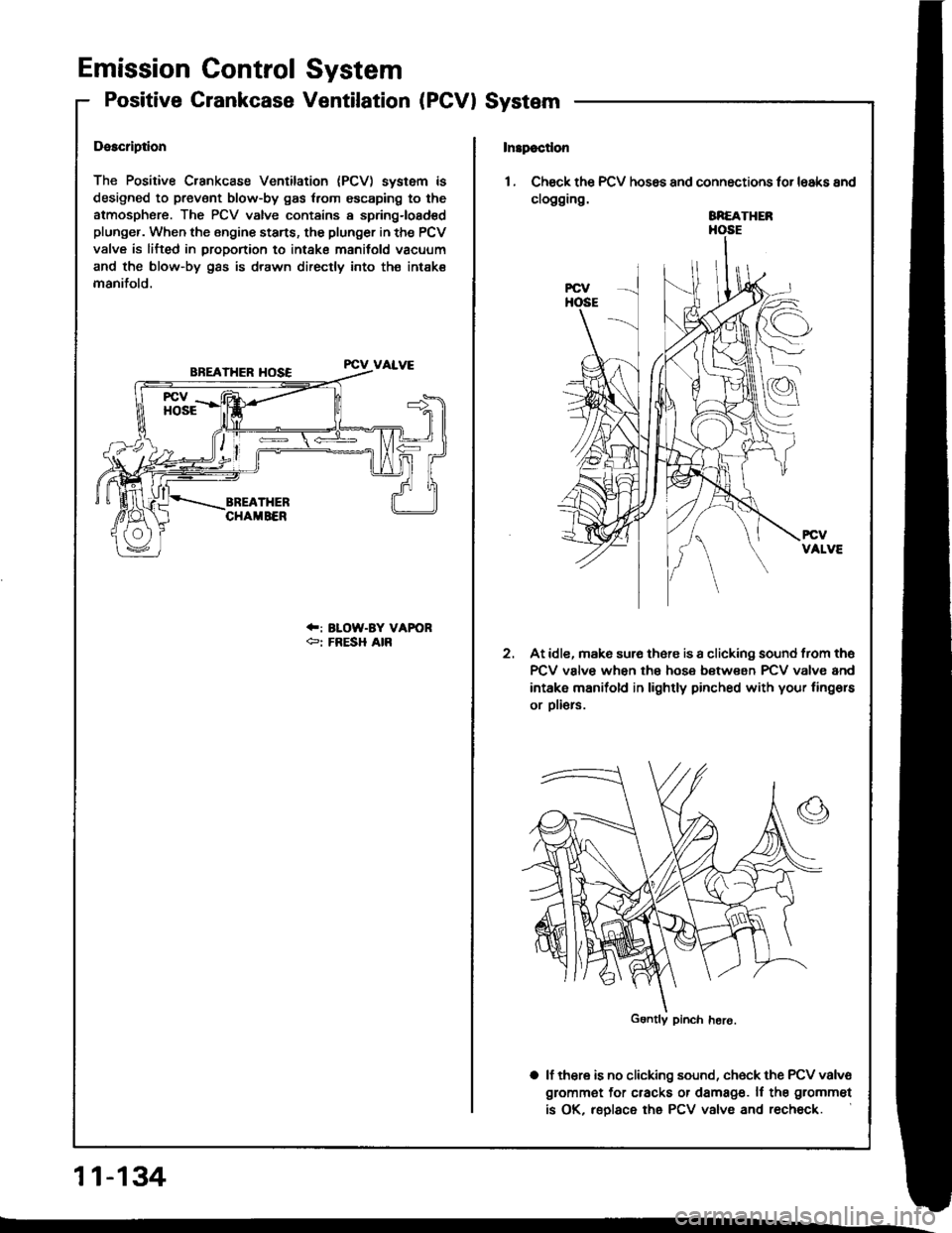 ACURA INTEGRA 1994  Service Repair Manual Emission Control System
Positive Crankcase Ventilation (PCVI System
Description
The Positive Crankcase Ventilation (PCV) system is
designed to prevent blow-by gas {rom escaping to the
atmosphsre. The 