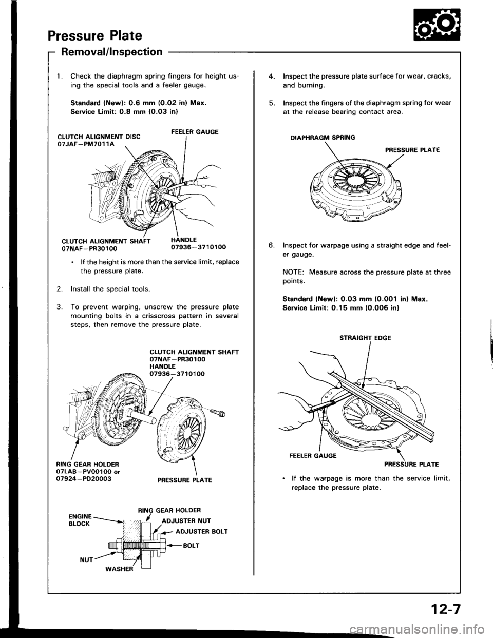 ACURA INTEGRA 1994  Service Repair Manual Pressure Plate
RING GEAR HOLDER07LAB-PVOOl OO or07924-PD20003
Removal/lnspection
Check the diaphragm spring fingers for height us-
ing the special tools and a feeler gauge.
Standard lNew): 0.6 mm (0.0