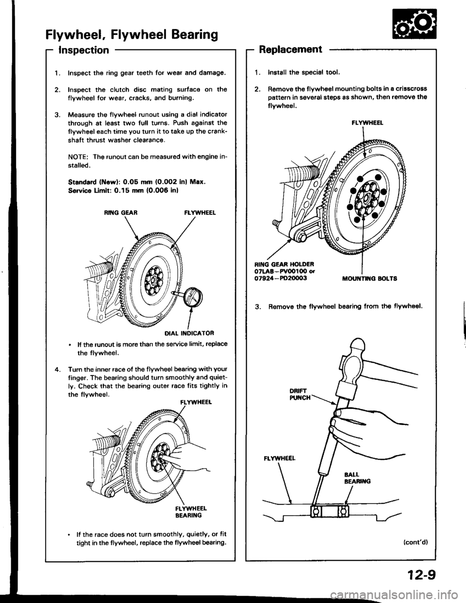 ACURA INTEGRA 1994  Service Repair Manual InspectionReplacement
Flywheel, Flywheel Bearing
Inspect the ring gear teeth for wear and damage.
Inspect the clutch disc mating surface on the
flywheel fo. wear, cracks, and burning.
Measure the flyw