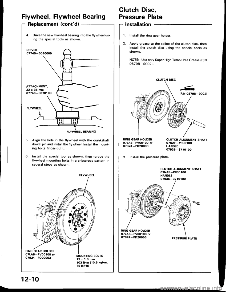 ACURA INTEGRA 1994  Service Repair Manual Clutch Disc,
l.
t
Flywheel, Flywheel BearingPressure Plate
Replacement (contd)Installation
Install the ring gear holder.
Apply grease to the spline of the clutch disc, theninstall the clutch disc usi
