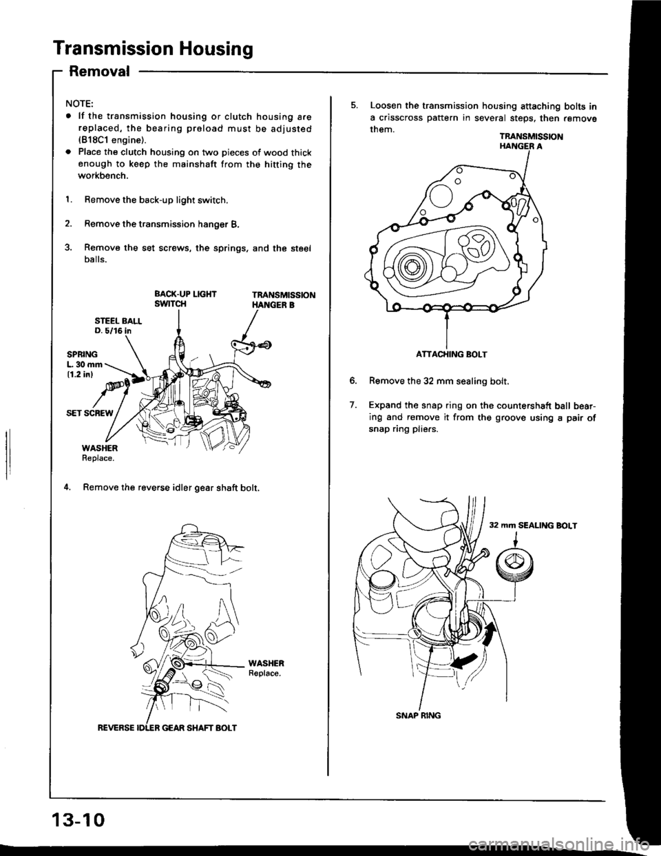 ACURA INTEGRA 1994  Service User Guide Transmission Housing
Removal
NOTE:
. lf the transmission housing or clutch housing a.ereplaced, the bearing proload must be adjusted(818C1 engine).
. Place the clutch housing on two pieces of wood thi