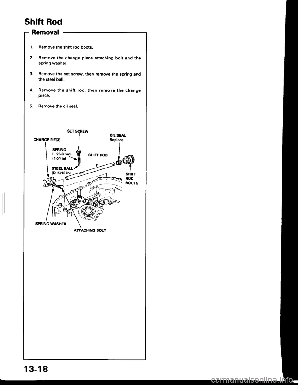 ACURA INTEGRA 1994  Service Repair Manual Shift Rod
CHANGE PIECE
SPRINGL 25.6ll.0r in,
STEEL AALL(D.5/16
SPRING WASHER
Removal
1. Remove the shift rod boots.
2. Romove the change piece sttaching bolt and the
spring washer.
3. Remove the set s